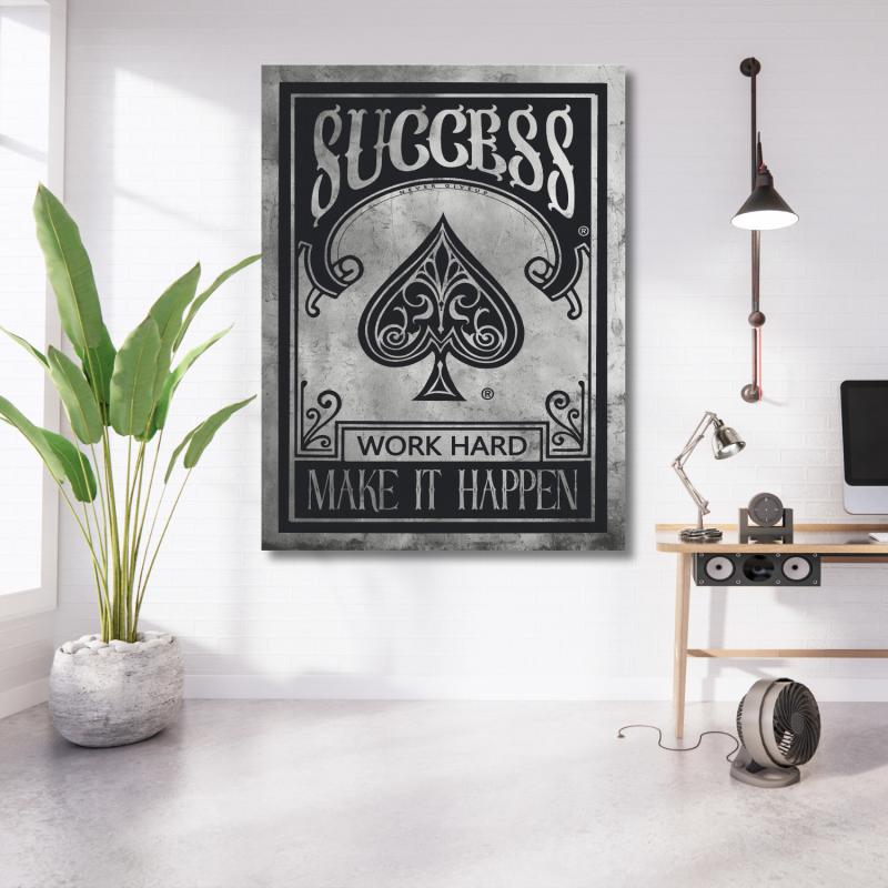 Black and white minimalist motivational wall art with an ace of spades and “Success, Work Hard, Make It Happen” text.