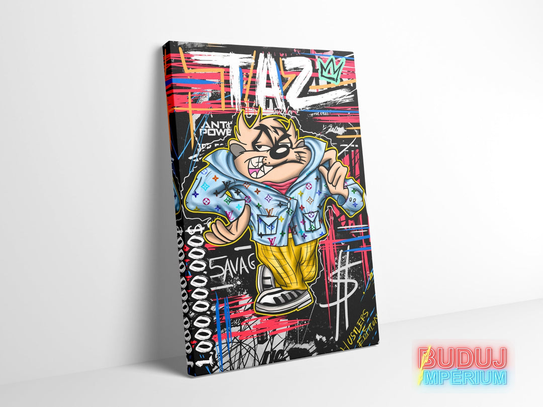 Pop art canvas wall art, front view of the Tasmanian Devil in street art style with a luxury monogram and money symbols.