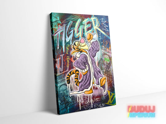 Pop art canvas wall art with a tiger in a purple robe and a graffiti background with money and street art motifs.