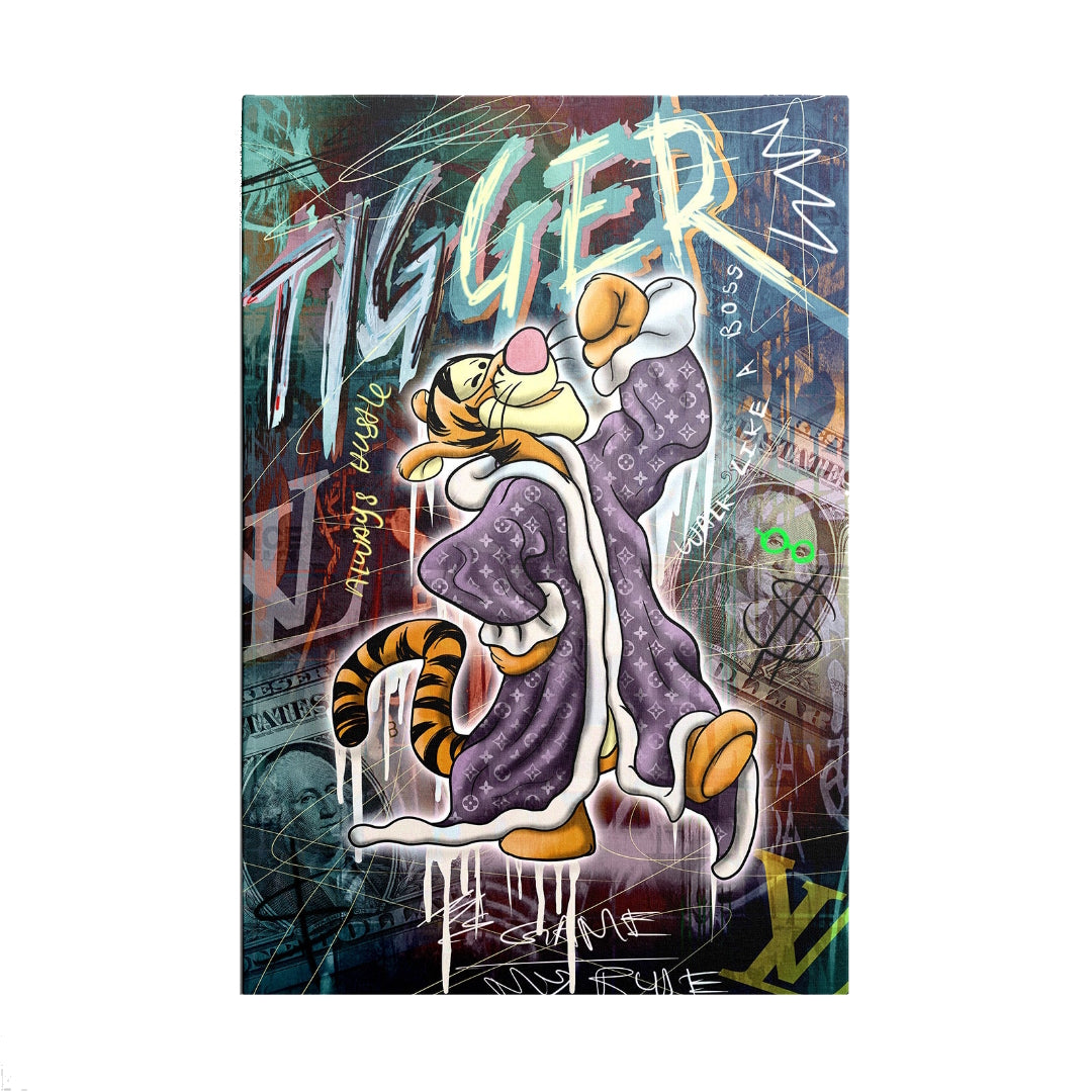 Pop art canvas wall art with Tigger in a luxury purple coat and money graffiti motif, front view.
