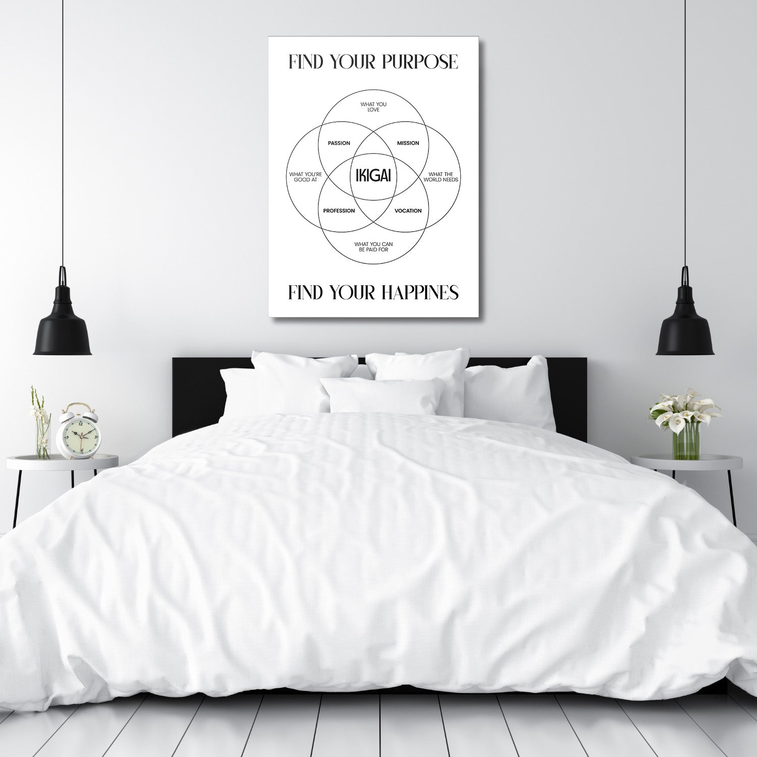 Ikigai Venn diagram motivational wall art above a bed in a modern minimalist bedroom