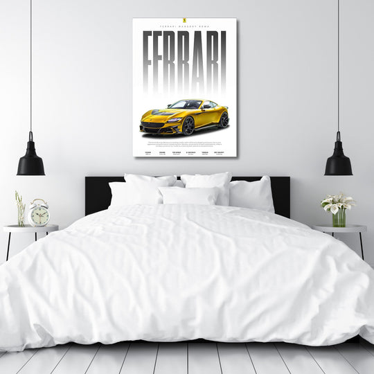 Luxury motivational wall art with a gold Ferrari Mansory Roma above a bed in a modern bedroom