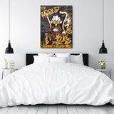 Motivational wall art with a duck on a gold throne surrounded by coins in a modern bedroom