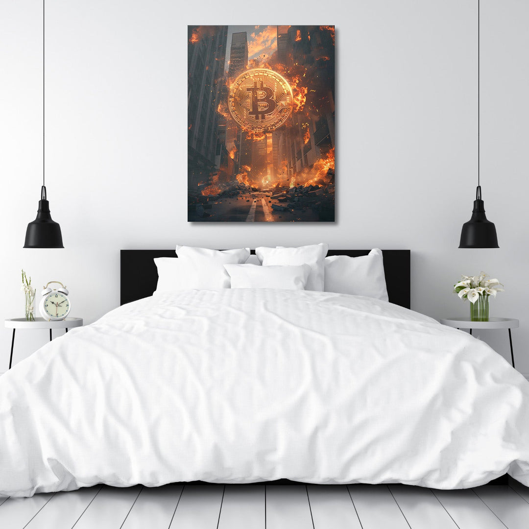 Motivational canvas print with burning Bitcoin above a bed in a modern bedroom