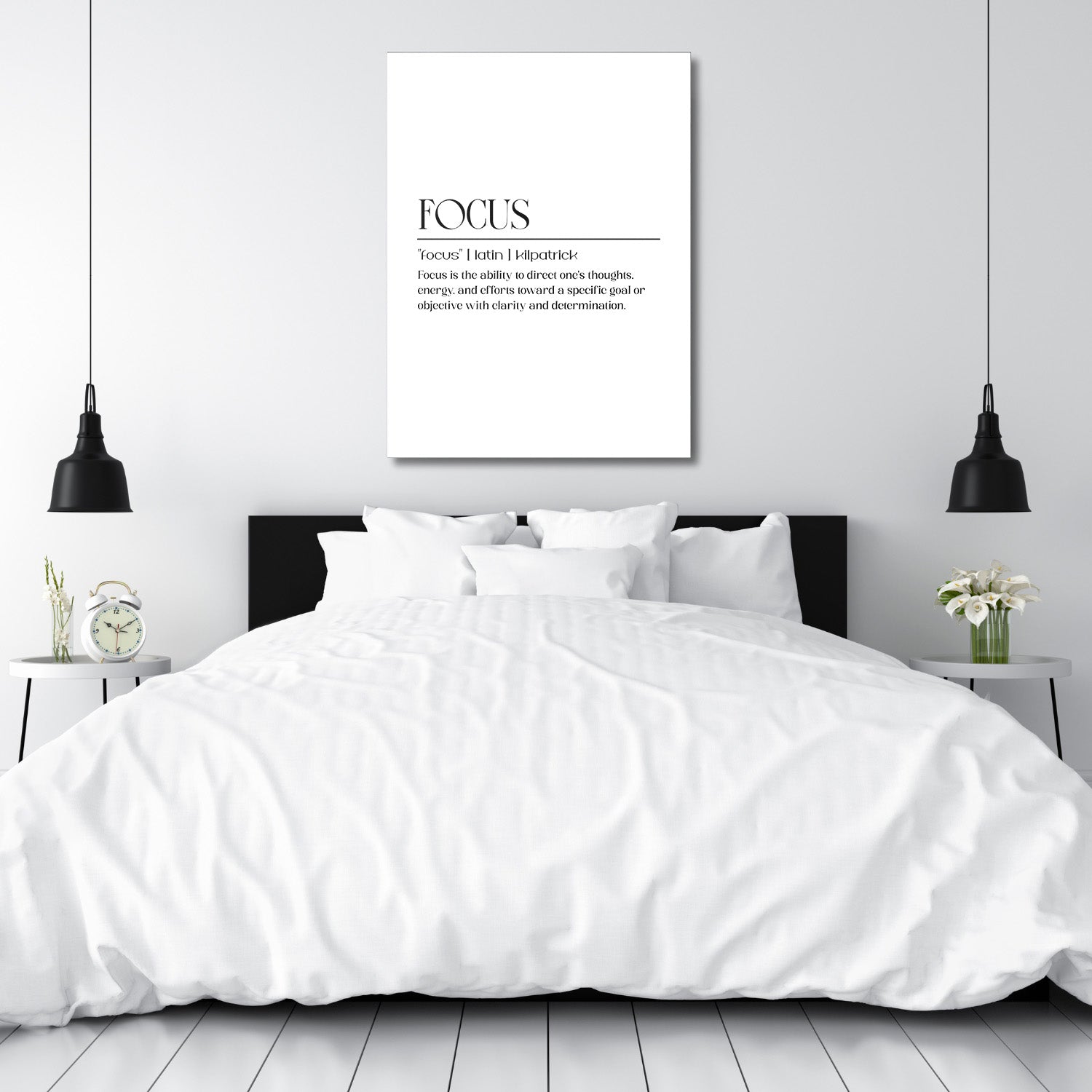 Bedroom with a black headboard and FOCUS motivational canvas wall art, styled with table lamps and flowers