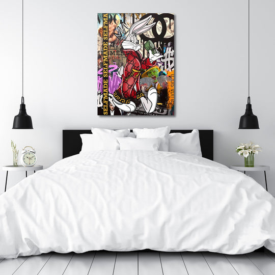 Motivational pop art canvas print with a graffiti collage of a rabbit in a Gucci suit and dollar motif in a bedroom