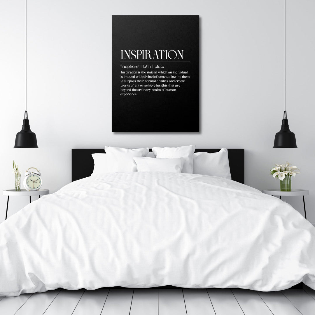 INSPIRATION motivational wall art with white typography in a minimalist Scandinavian-style bedroom
