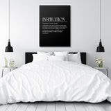 INSPIRATION motivational wall art with white typography in a minimalist Scandinavian-style bedroom