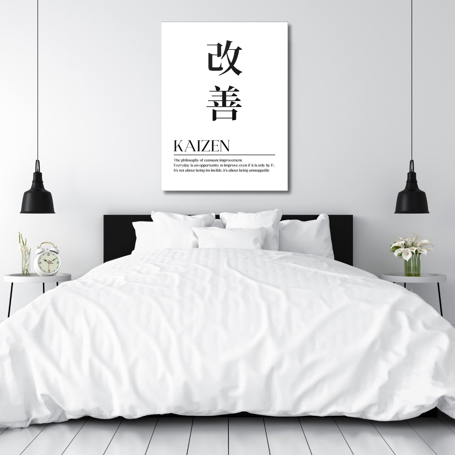 Kaizen motivational wall art for a bedroom with a Japanese quote in a minimalist design