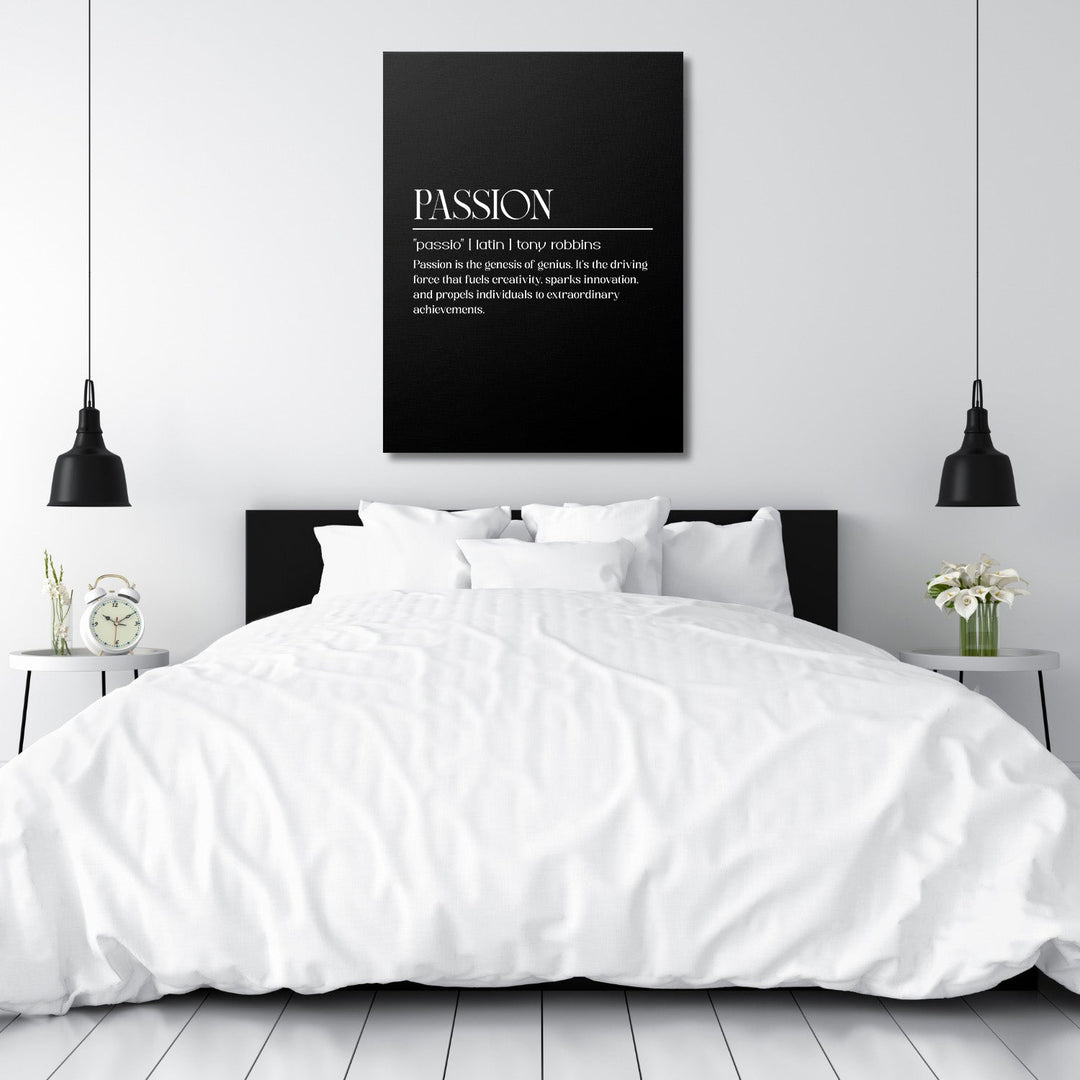 Motivational bedroom wall art with black-and-white PASSION lettering in a clean minimalist design