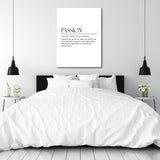 Motivational canvas print with a Tony Robbins quote in a minimalist bedroom under pendant lights