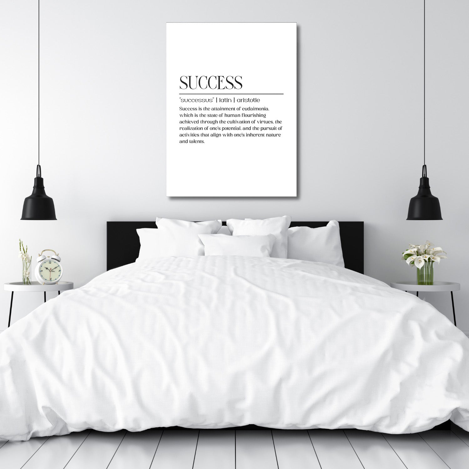 Motivational canvas print above a bed with a minimalist black-and-white SUCCESS quote in a modern bedroom
