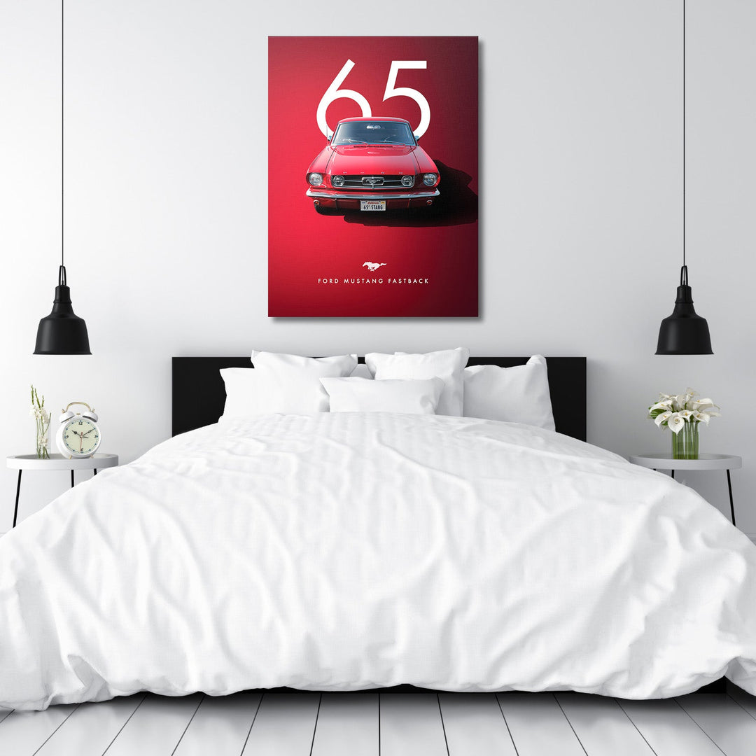 Motivational canvas wall art with a red 1965 Ford Mustang above a bed in a modern bedroom