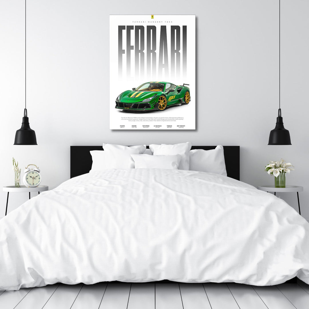 Motivational wall art with a green Ferrari Mansory F8XX in a bedroom, luxury sports car and performance theme