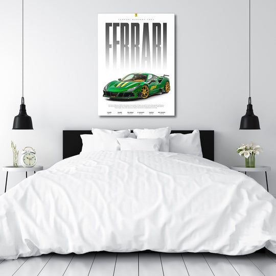 Motivational wall art with a green Ferrari Mansory F8XX in a bedroom, luxury sports car and performance theme
