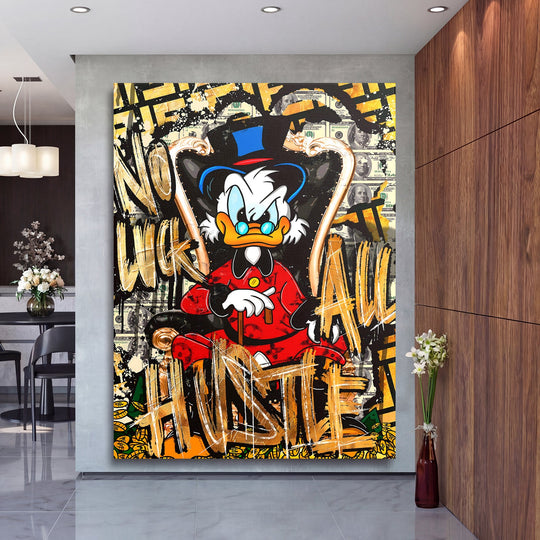 Motivational pop art canvas print with Scrooge McDuck and dollars hanging in a modern living room
