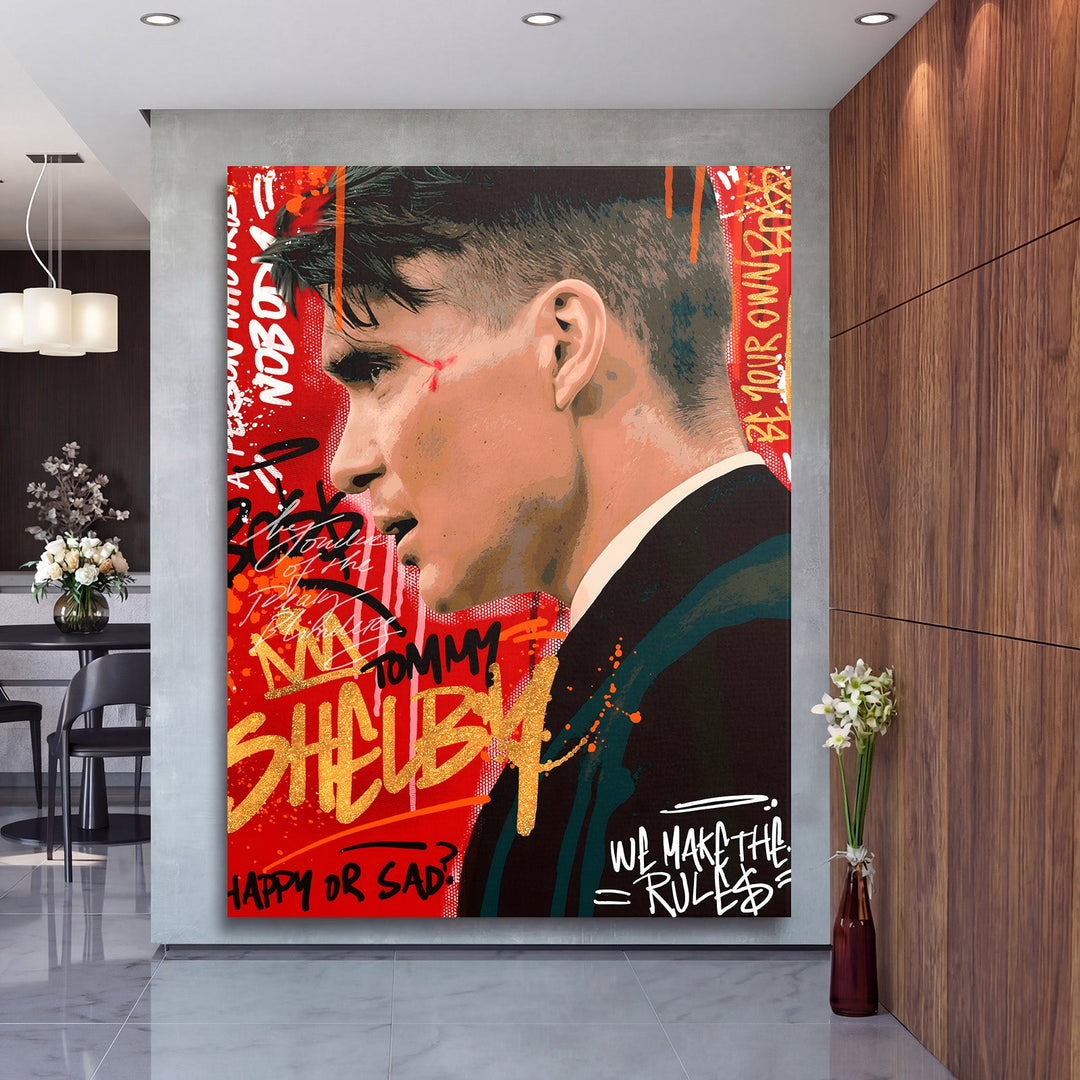 Motivational pop art wall art with a red street art portrait in a modern hallway