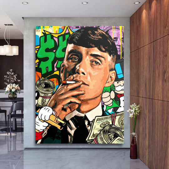 Motivational canvas print with a pop art portrait of a man smoking a cigarette and dollar graffiti in a home office