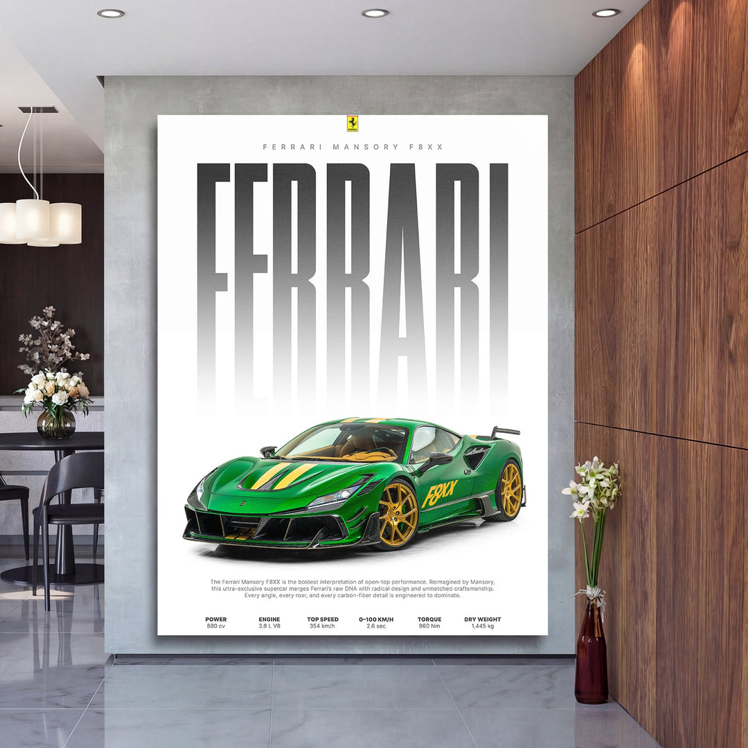 Motivational canvas wall art with a green Ferrari F8XX front view in a modern interior, luxury car decor for a living room