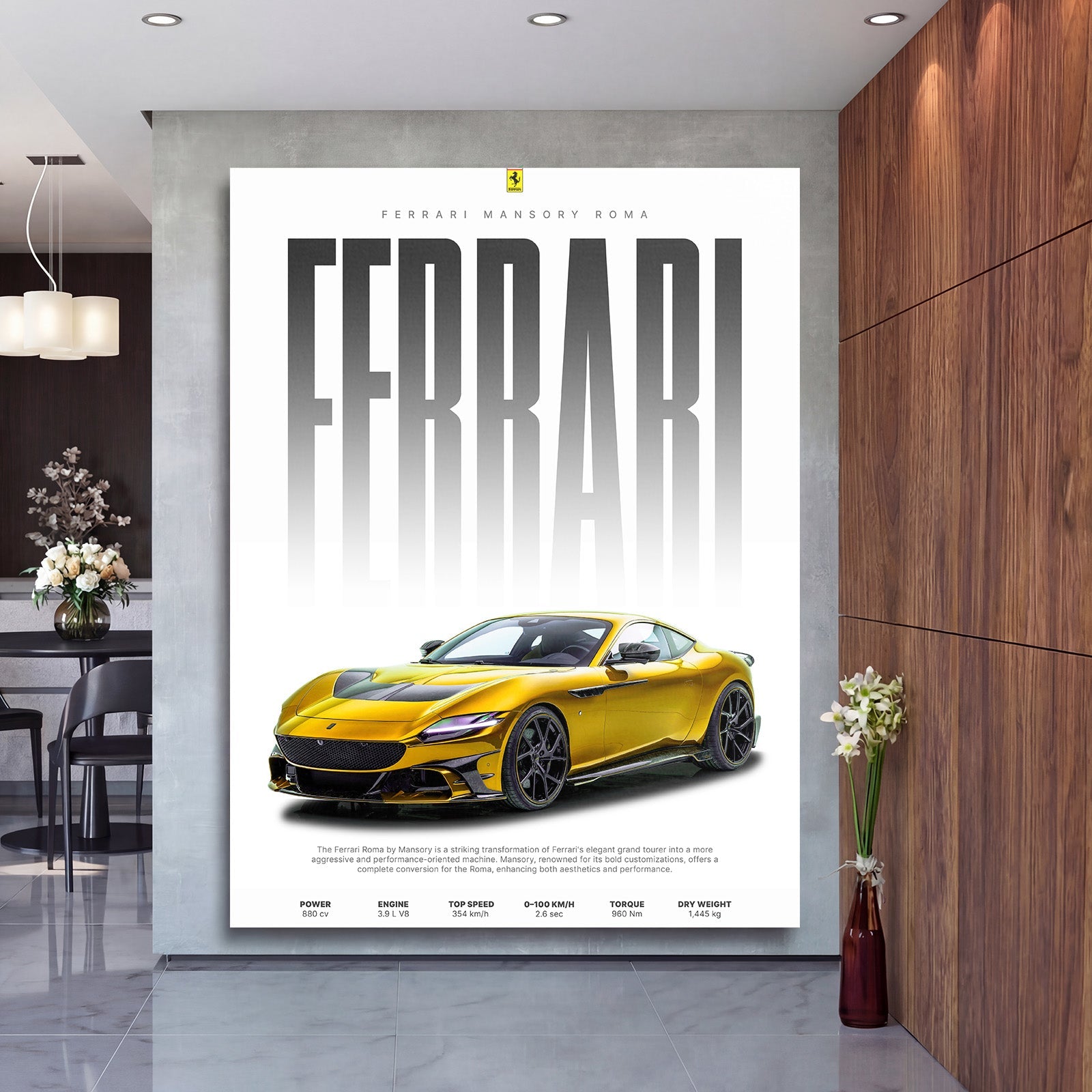 Motivational wall art with a yellow sports car and black and white text in a modern interior