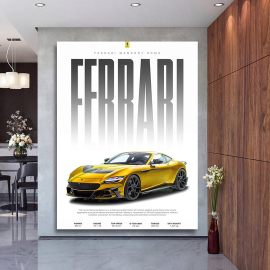 Motivational wall art with a yellow sports car and black and white text in a modern interior