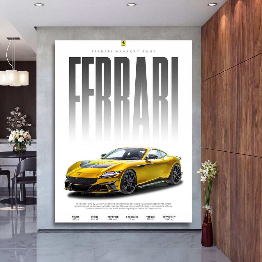 Motivational wall art with a yellow sports car and black and white text in a modern interior