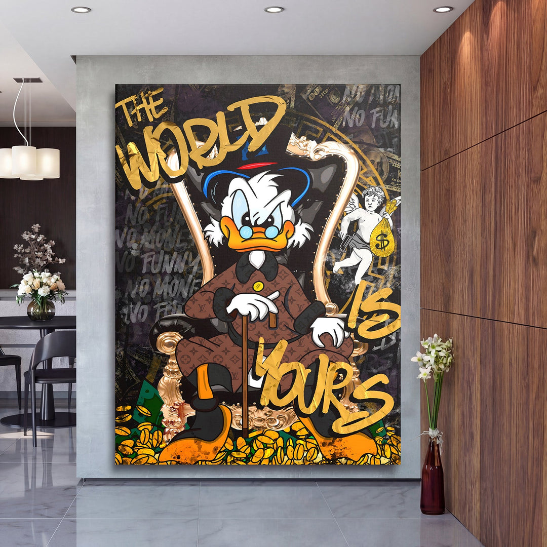 Motivational wall art with wealthy Scrooge McDuck on a gold throne surrounded by money in a living room