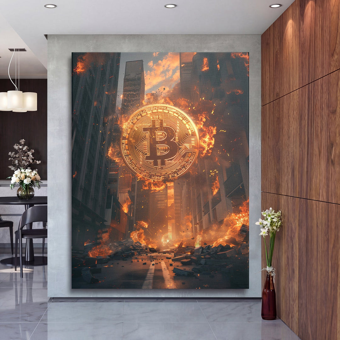 Motivational wall art with a burning Bitcoin symbol above an apocalyptic metropolis and falling debris