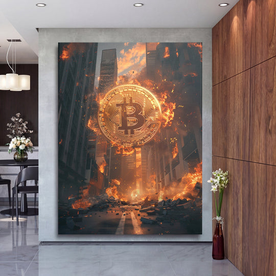 Motivational wall art with a burning Bitcoin symbol above an apocalyptic metropolis and falling debris