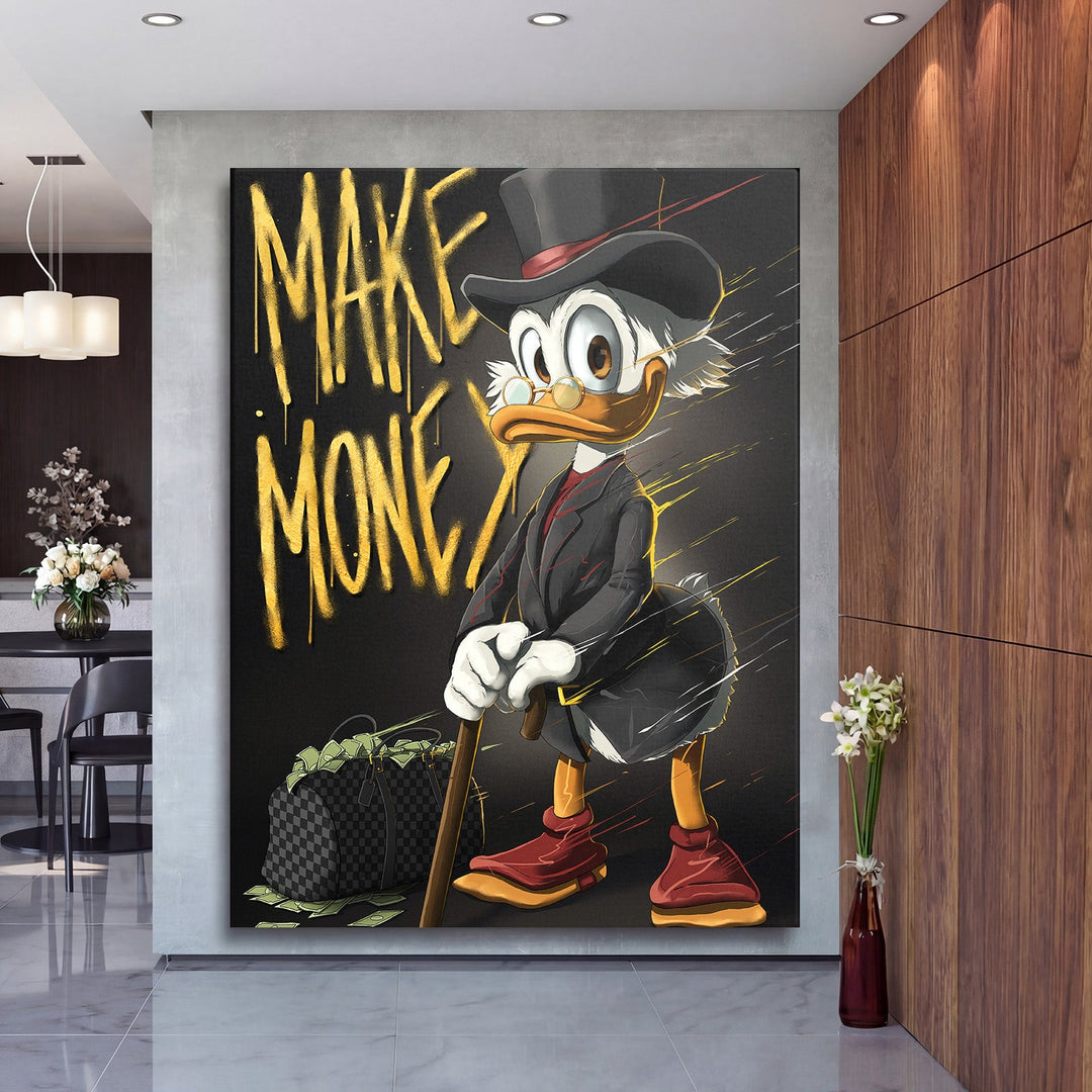 Motivational pop art canvas print with Scrooge McDuck, a money bag and MAKE MONEY graffiti in a modern living room