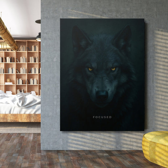 Luxury wall art with a realistic black wolf and yellow eyes in an industrial interior.