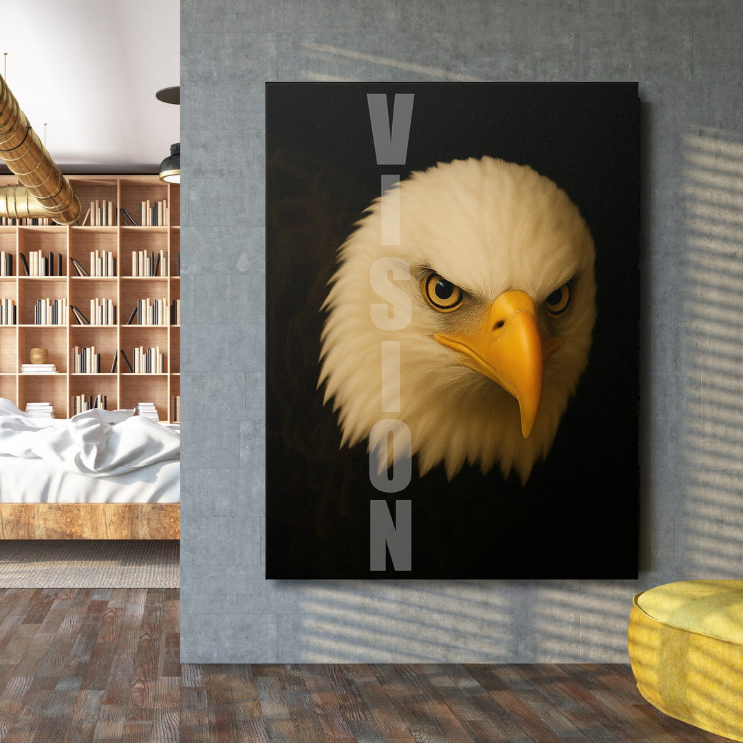 Motivational wall art with an eagle head and VISION text in a modern office for focus and performance.
