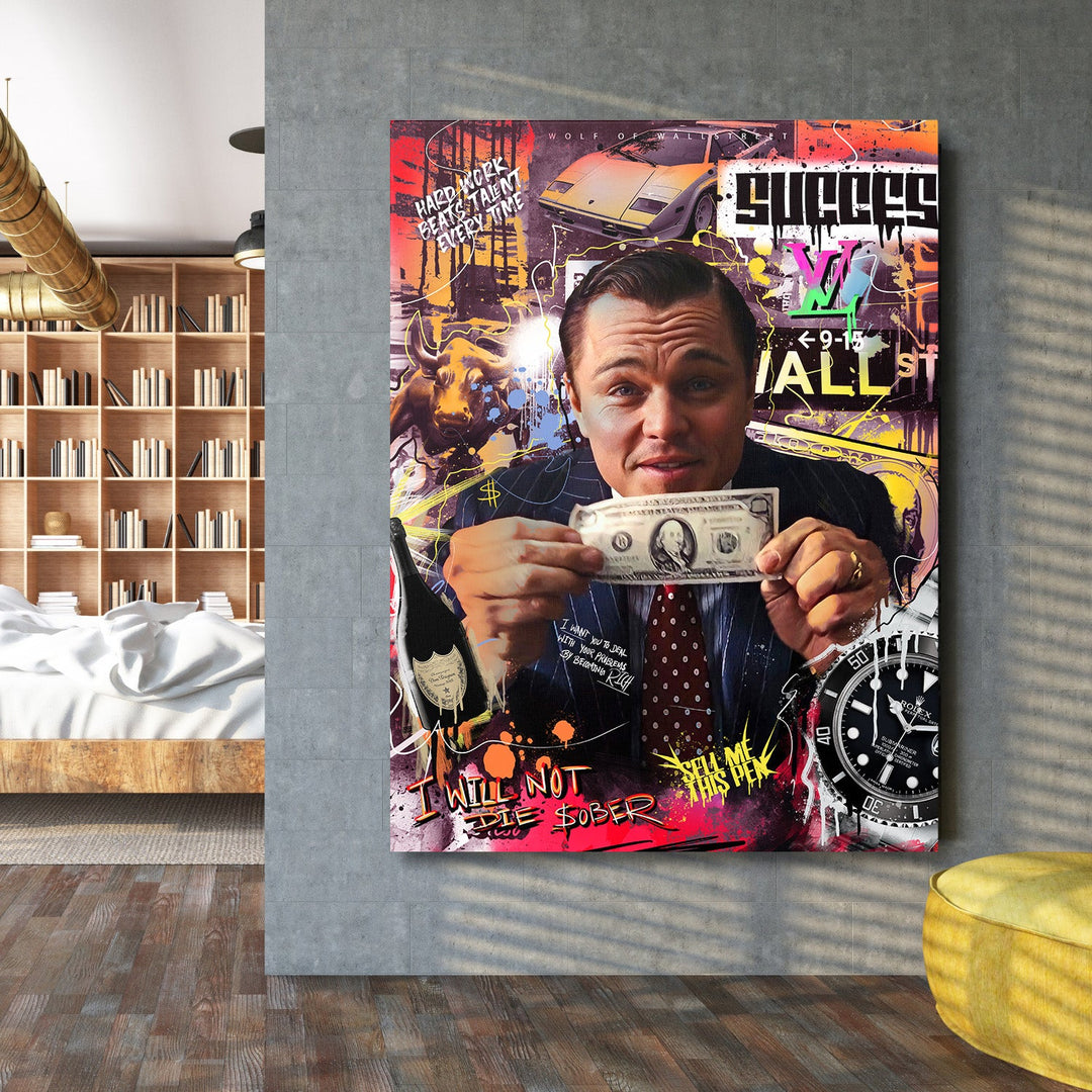 Motivational canvas wall art in a study with a collage of a man with a dollar, bull, luxury car and watch