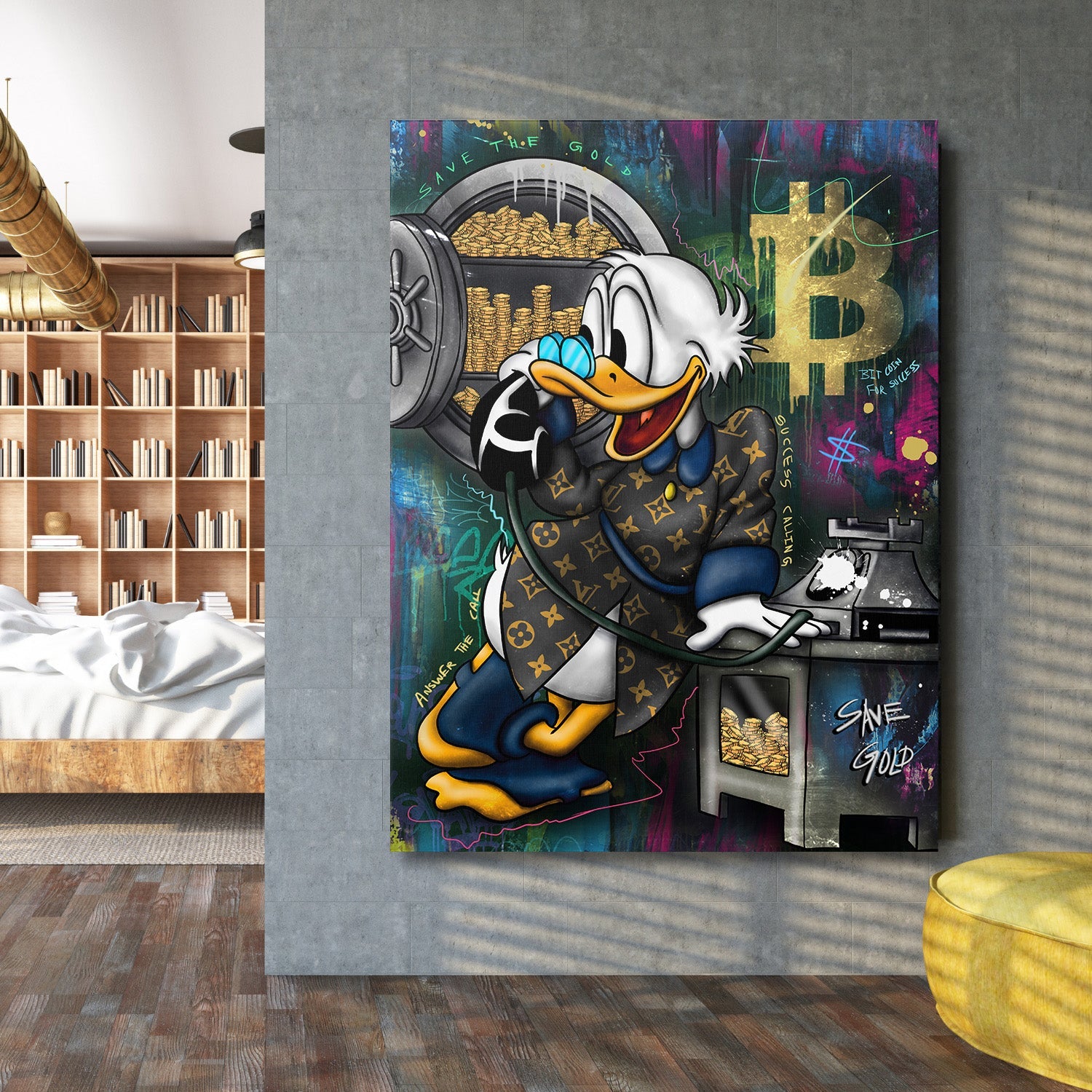 Motivational wall art with Scrooge McDuck, gold coins and Bitcoin graffiti in a luxury street art pop art style