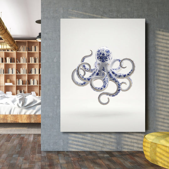 Modern canvas print with a blue-and-white porcelain octopus hanging on a concrete wall in a bedroom