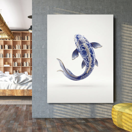 Modern canvas print with a blue-and-white koi and gold details in an elegant bedroom