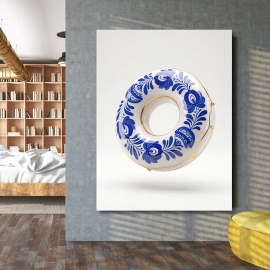 Luxury canvas print with a blue-and-white ornamental ring and gold accents in a home office