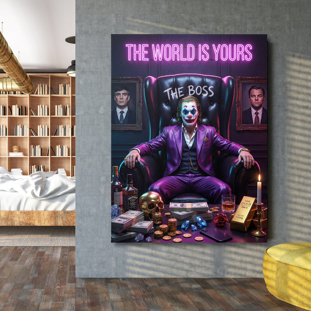 Luxury canvas wall art of Joker in an armchair under neon, with piles of money, gold and a glass of whiskey in a living room