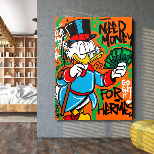 Motivational wall art with a duck and a graffiti quote about money in a modern interior