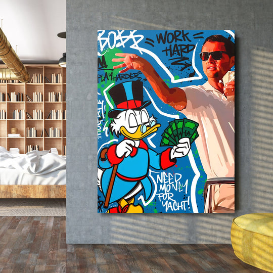 Motivational wall art with Scrooge McDuck, dollars and a graffiti wealth motif