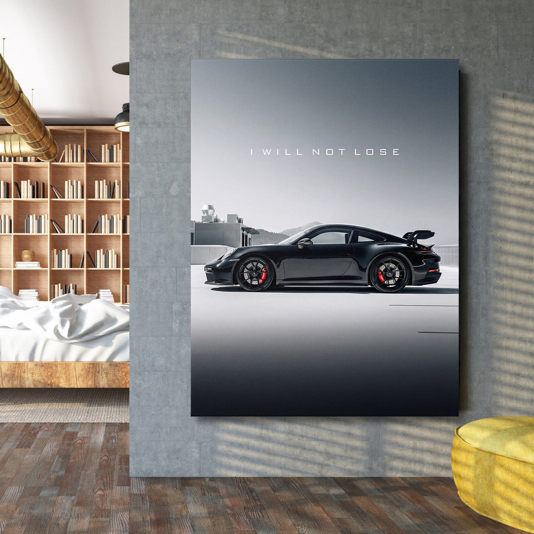 Motivational canvas wall art with black sports car and text I WILL NOT LOSE for a modern home office