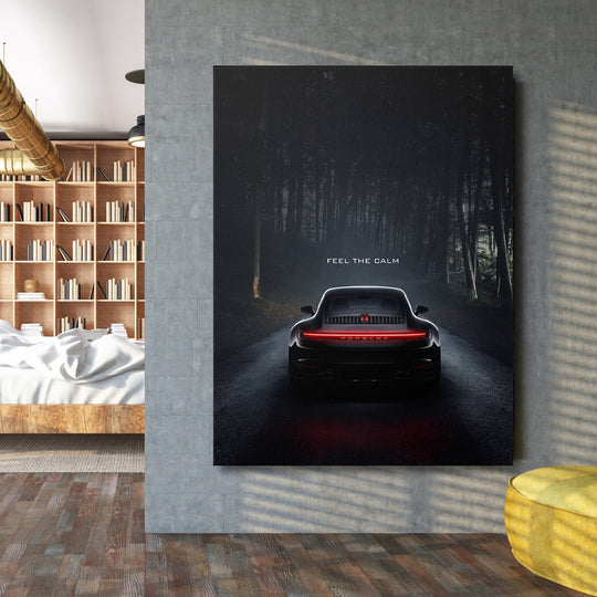 Motivational canvas wall art with car Porsche in dark forest and text FEEL THE CALM in a modern interior