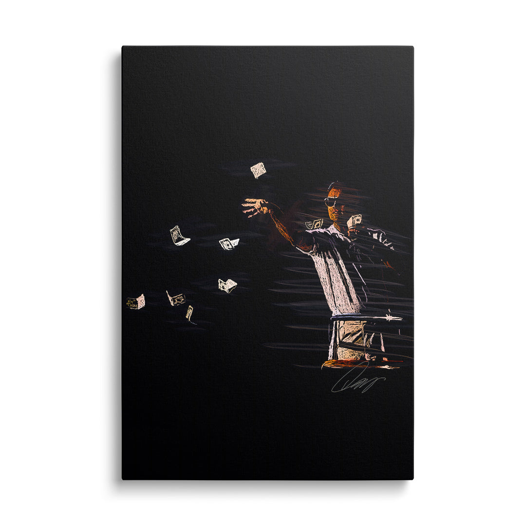 Motivational canvas wall art with a figure throwing banknotes in modern street art pop art style