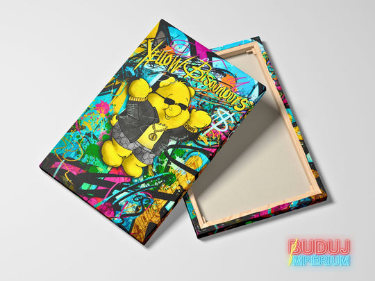Motivational canvas wall art with a graffiti bear in a luxury chain, front view with the wooden frame visible from the back.