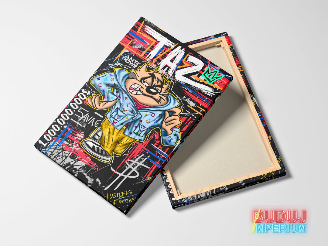 Motivational canvas wall art with Taz in pop art and street art style, showing the front and back of the product.