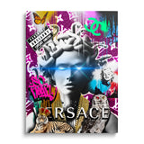 Pop art canvas wall art with Versace Medusa displayed on a wall