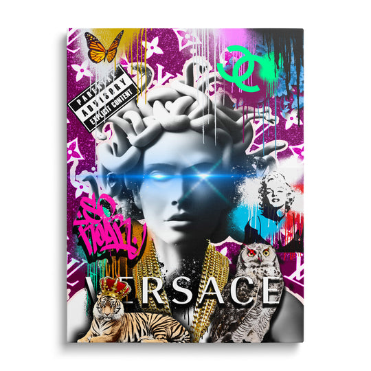 Pop art canvas wall art with Versace Medusa displayed on a wall