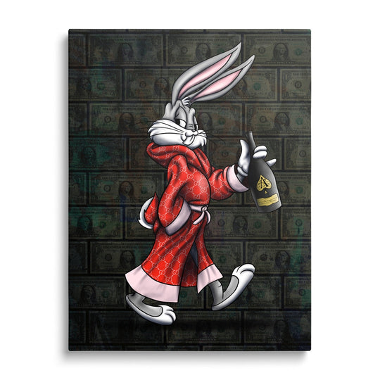 Luxury pop art canvas wall art with Bugs Bunny in a red robe, banknotes and champagne, a wealth motif.