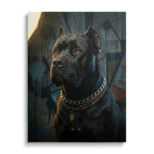 Motivational wall art with a black Cane Corso dog in front of colorful street art graffiti, modern pop art style, front view