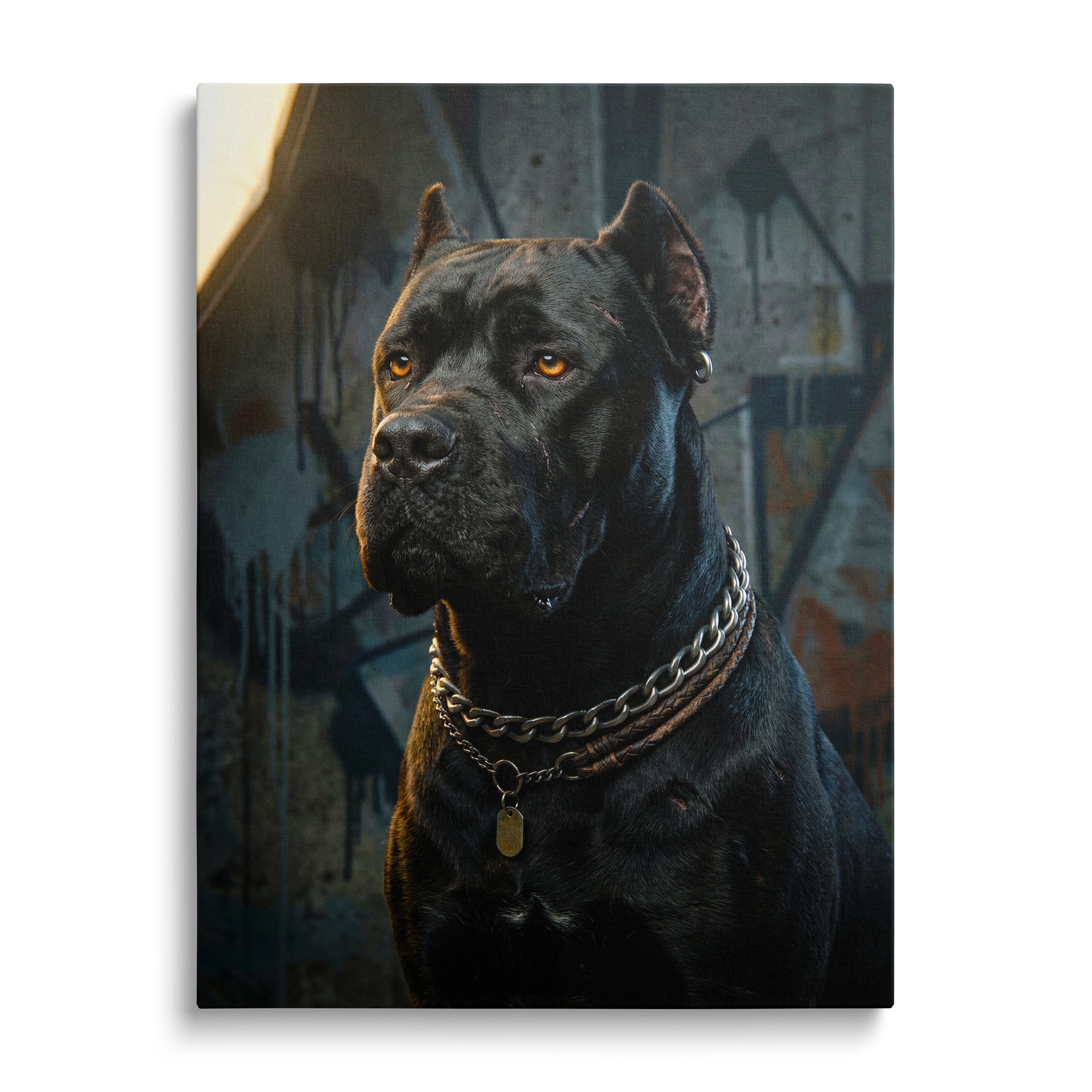 Motivational wall art with a black Cane Corso dog in front of colorful street art graffiti, modern pop art style, front view